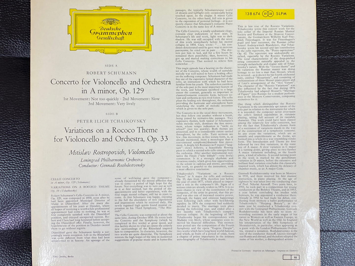 [LP] 로스트로포비치 - Rostropovich - Schumann Cello Concerto,Tchaikovsky Rococo Op.33 LP [빅튤립][독일반]