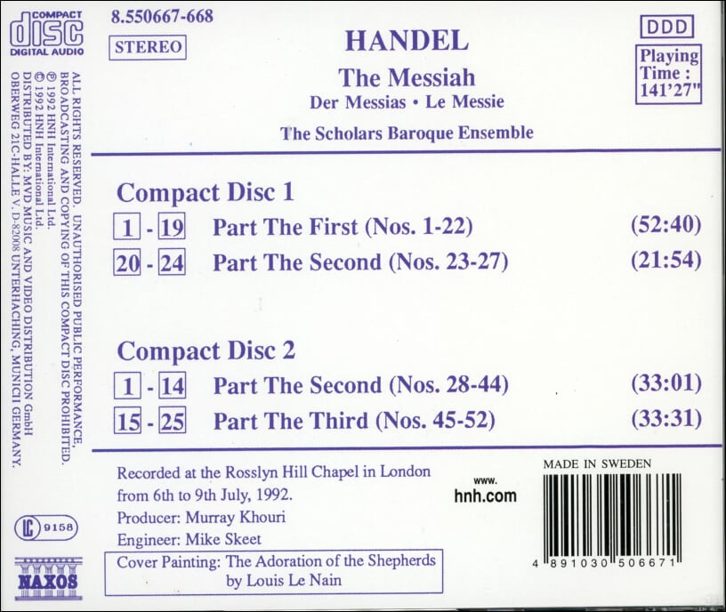 Handel : The Messiah - The Scholars Baroque Ensemble (2CD)(Sweden발매)