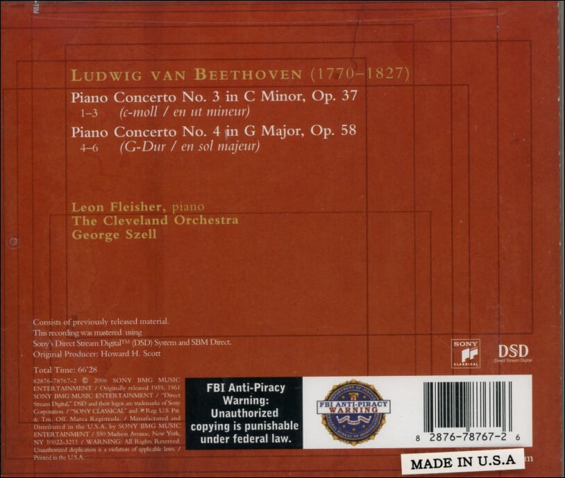 Beethoven :  Piano Concertos Nos. 3 & 4 - 플라이셔 (Leon Fleisher), 조지 셀 (George Szell)(US발매)(미개봉)
