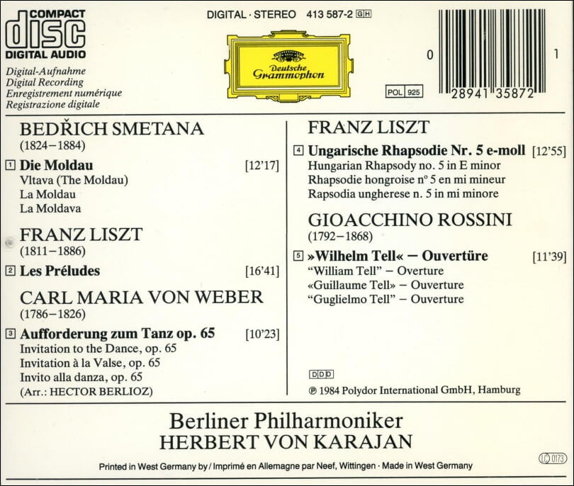 Rossini, Smetana  : 전주곡, 몰다우 ,Rhapsodie Hongroise No. 5 - Karajan (독일발매)