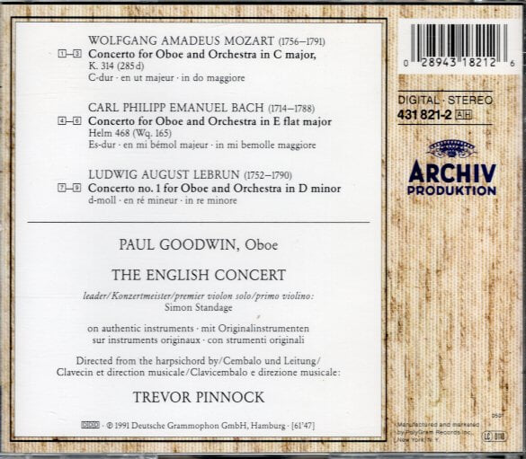 [수입] 모차르트 / C.P.E 바하 / Lebrun 오보에 협주곡 - Goodwin / The English Concert - Pinnock