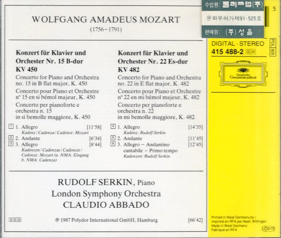 [수입] Mozart Piano Concerto No.15 & 22 - Serkin / Abbado / London Symphony