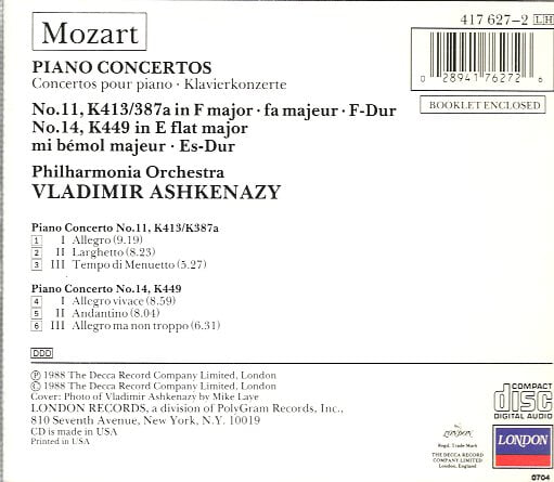 [수입] Mozart Piano Concertos No. 11 & 14 - Ashkenazy / Philharmonia