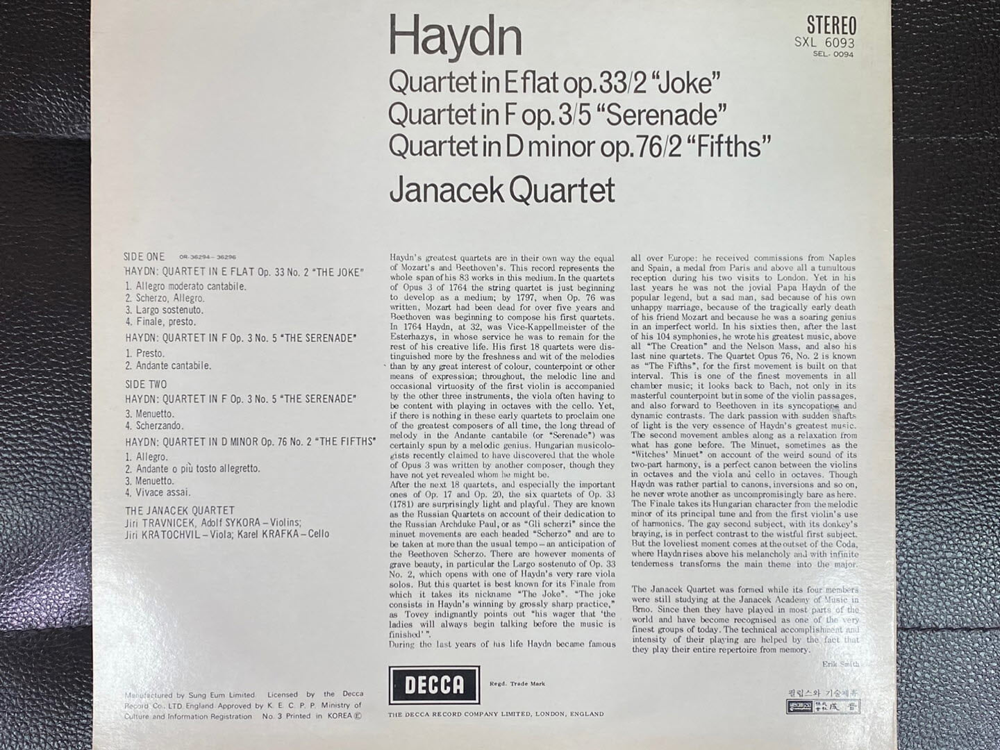 [LP] 야나체크 콰르텟 - Janacek Quartet - Haydn Quartets Joke,Serenade,Fifths LP [성음-라이센스반]