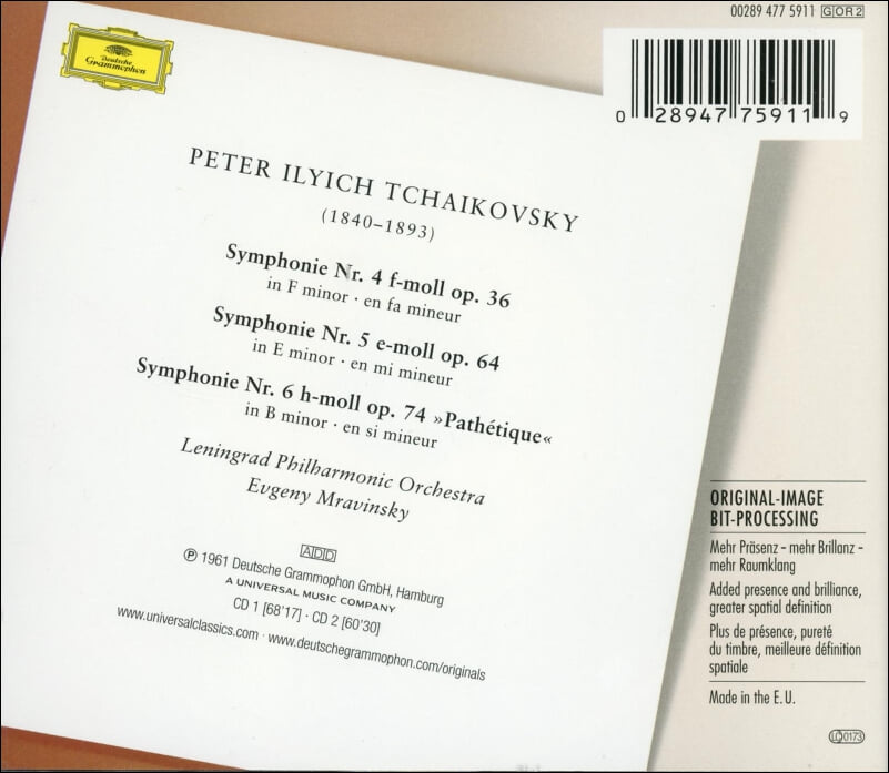 Tchaikovsky :페이소스“Pathetique” Symphonies Nos. 4, 5 & 6 므라빈스키 (Evgeny Mravinsky) (EU발매)