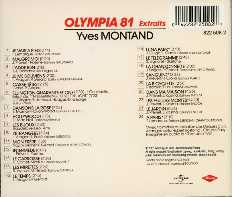 이브 몽탕 (Yves Montand) - Olympia 81-Extraits(EU발매)