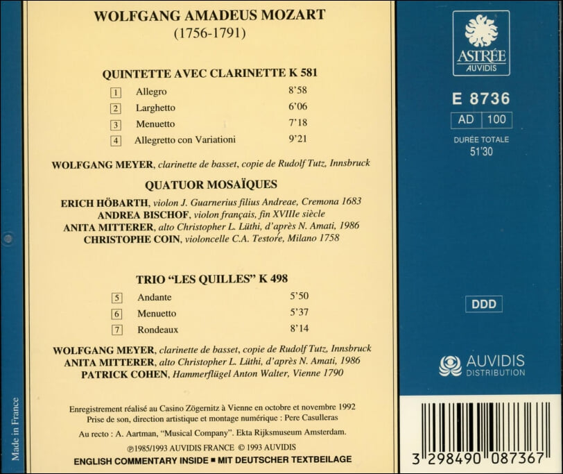 Mozart : 클라리넷 5중주 & 케겔슈타트 3중주곡 - 모자이크 4중주단 (Quatuor Mosaiques) (France발매)