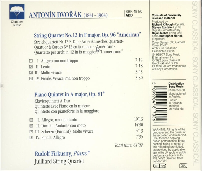 Dvorak : String Quartet No. 12 "American" -피르쿠슈니 (Rudolf Firkusny) (Europe발매)