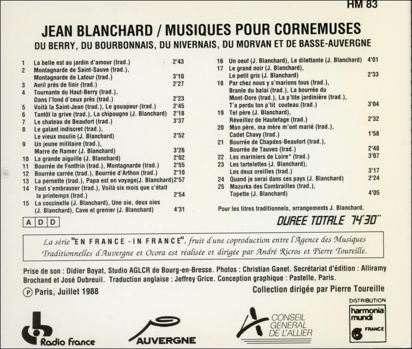 블랑샤르 (Pierre-Francois Blanchard) -  Musiques Pour Cornemuses(France 발매)