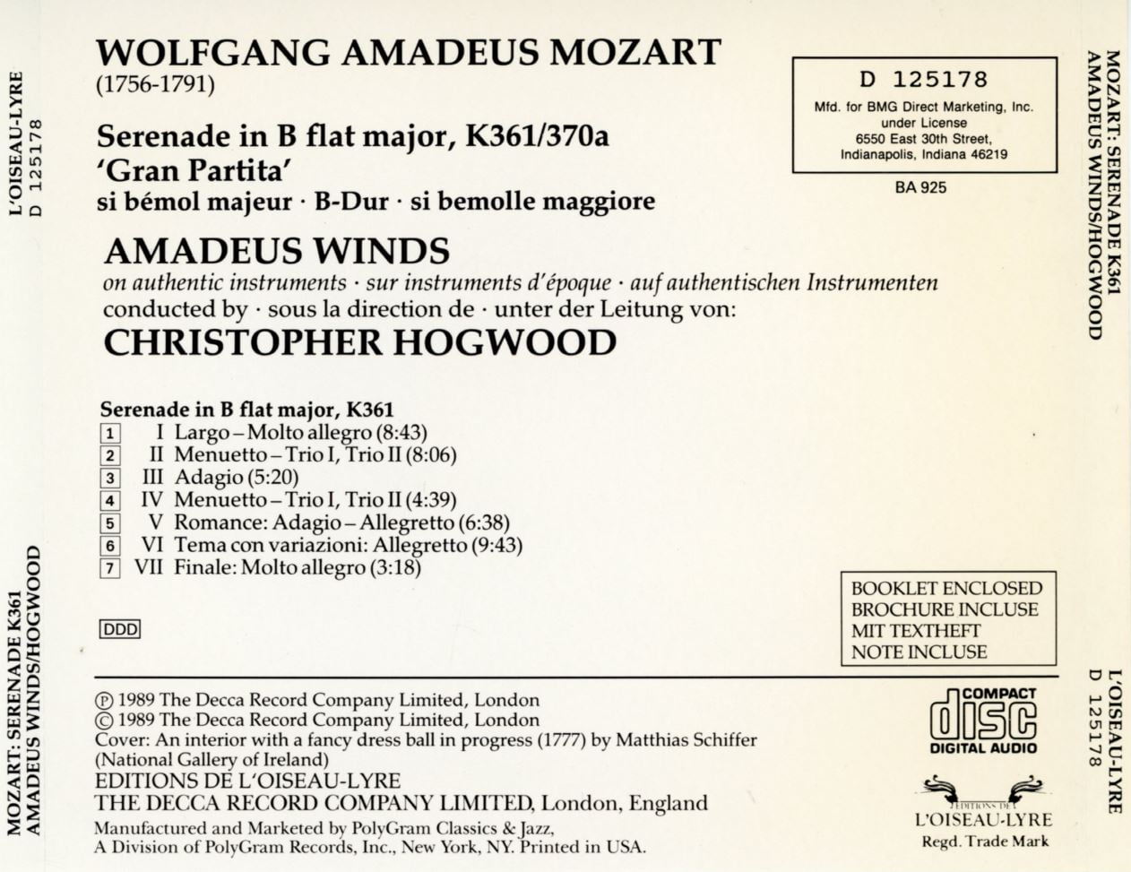 크리스토퍼 호그우드 - Christopher Hogwood - Mozart Serenade In B Flat Major, K361 Gran Partita [U.S발매]