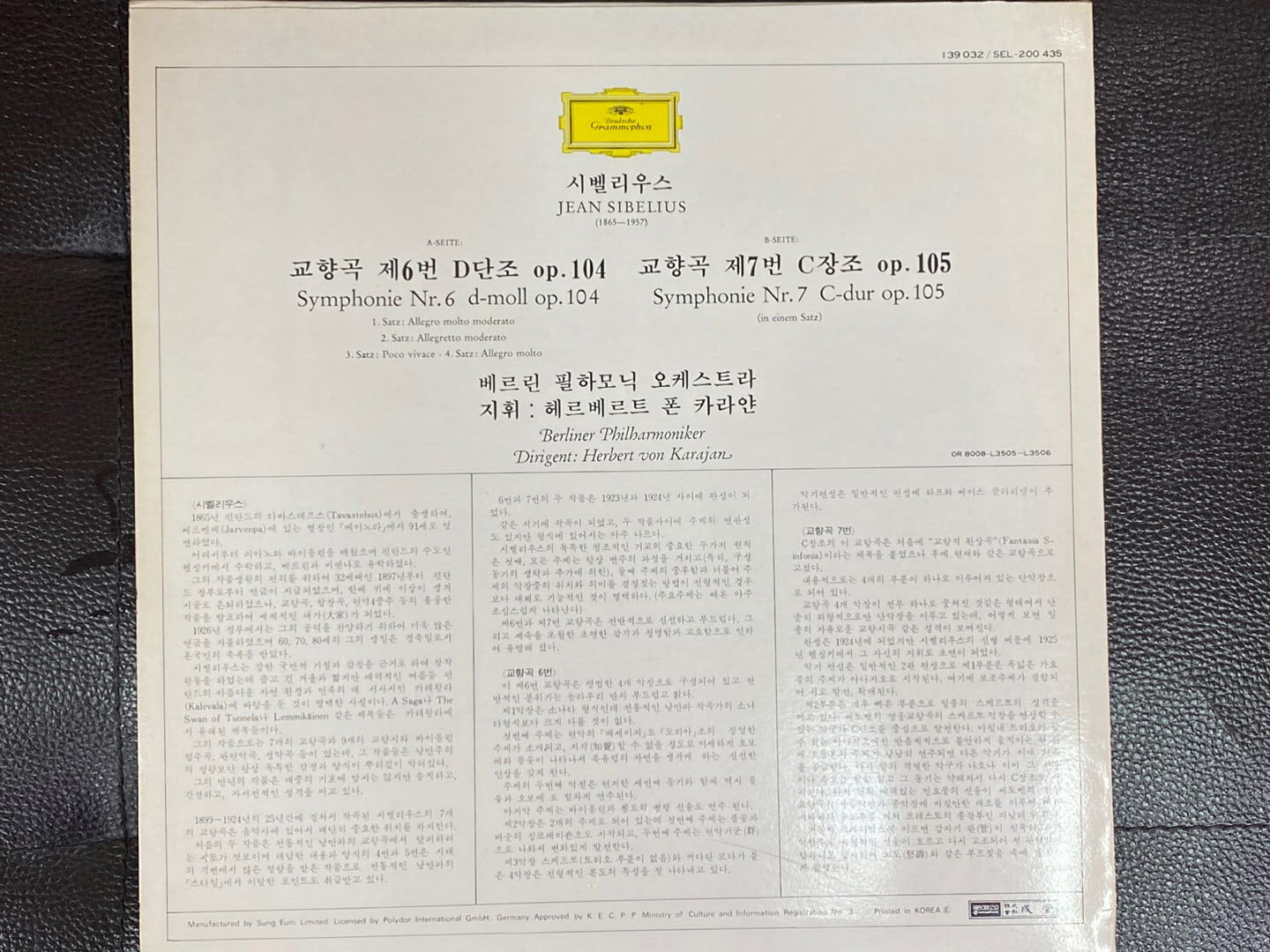 [LP] 카라얀 - Karajan - Sibelius Symphonien Nr.6 D-Moll,Nr.7 D-Dur LP [성음-라이센스반]