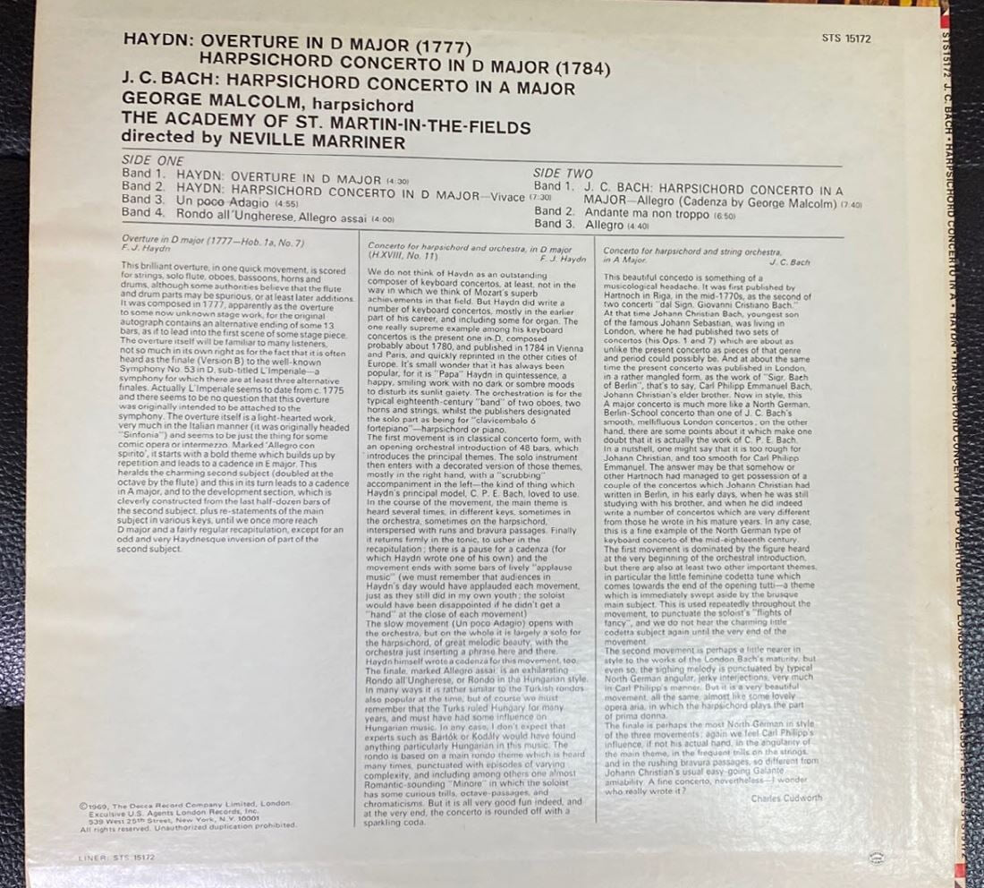 [LP] 조지 맬컴 - George Malcolm - Bach,Haydn Harpsichord Concertos,Overture In D LP [U.S반]