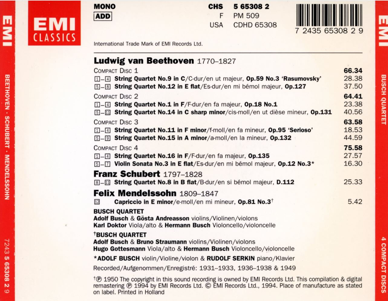 부시 콰르텟 - Busch Quartet - Beethoven,Schubert,Mendelssohn 4Cds [홀랜드발매]