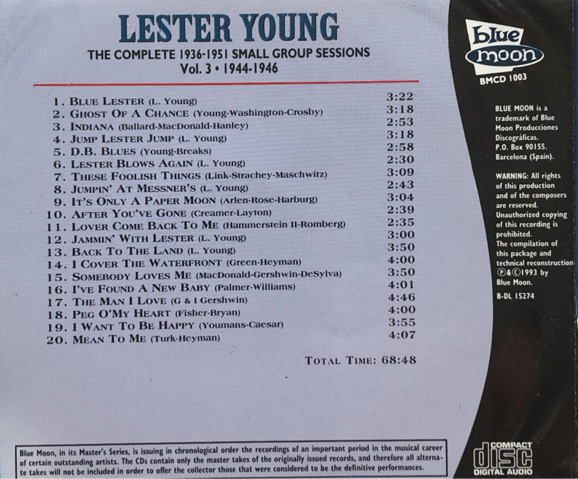 수입반 LESTER YOUNG BMCD-1003  (US발매)