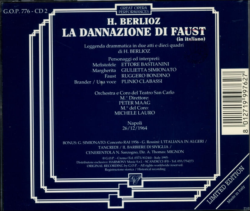 H. BERLIOZ - "La Dannazione Di Faust (in italiano) - 바스티아니니 (Ettore Bastianini) , 시미오나토 (Giulietta Simionato) (Italy발매)(2CD)
