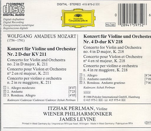 [수입] Mozart Violin Concertos No.2 & 4 - Perlman / Levine / Wiener Philharmoniker