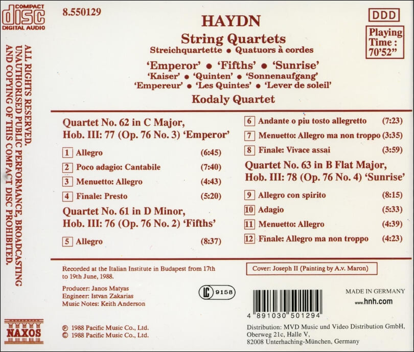 Haydn : 황제 No.2'5도' & No.4'일출' - 코다이 사중주단 (Kodaly Quartet)(독일발매)
