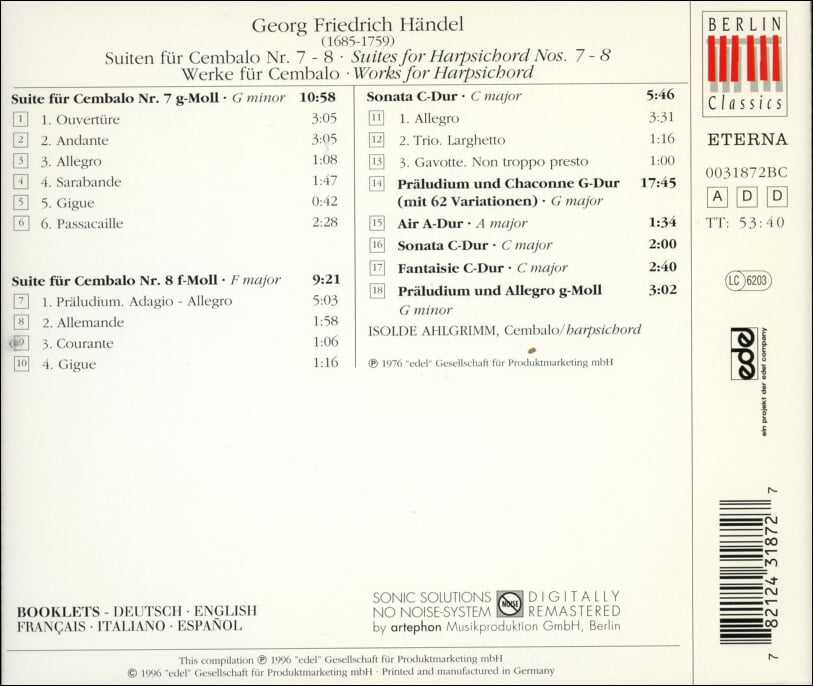 Handel: Suites For Harpsichord Nos. 7 , 8 - 이졸데 알그림 ( Isolde Ahlgrimm) (독일발매)