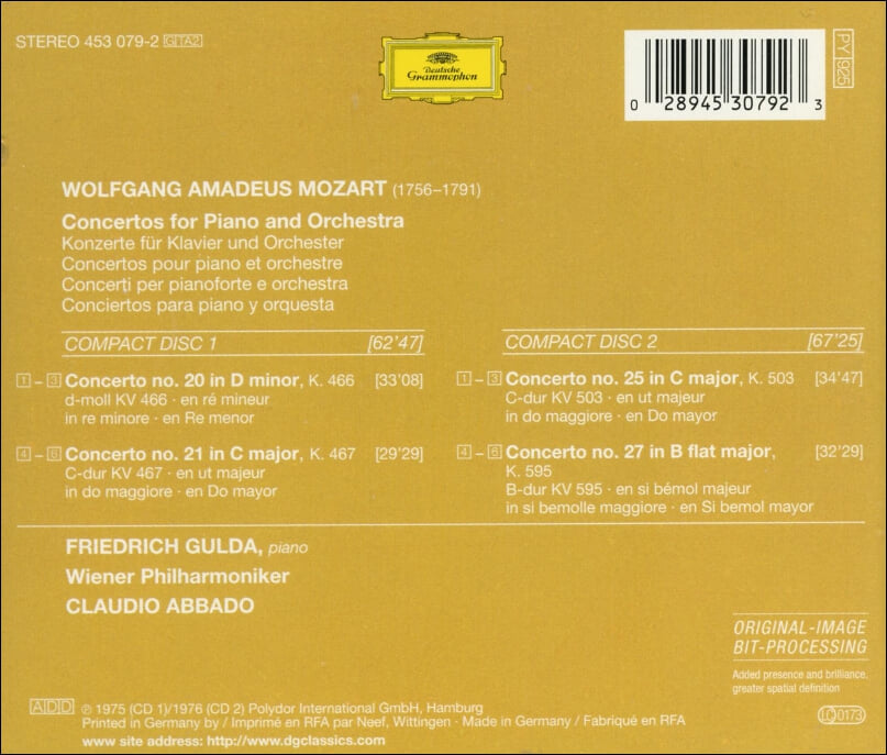Mozart : Piano Concertos Nos.20, 21, 25 & 27 - 클라우디오 아바도 (Claudio Abbado)(독일발매)(2CD)