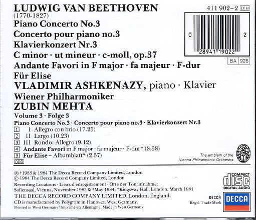 [수입] Beethoven Piano Concerto No. 3 - Ashkenazy / Mehta / Wiener Philharmoniker