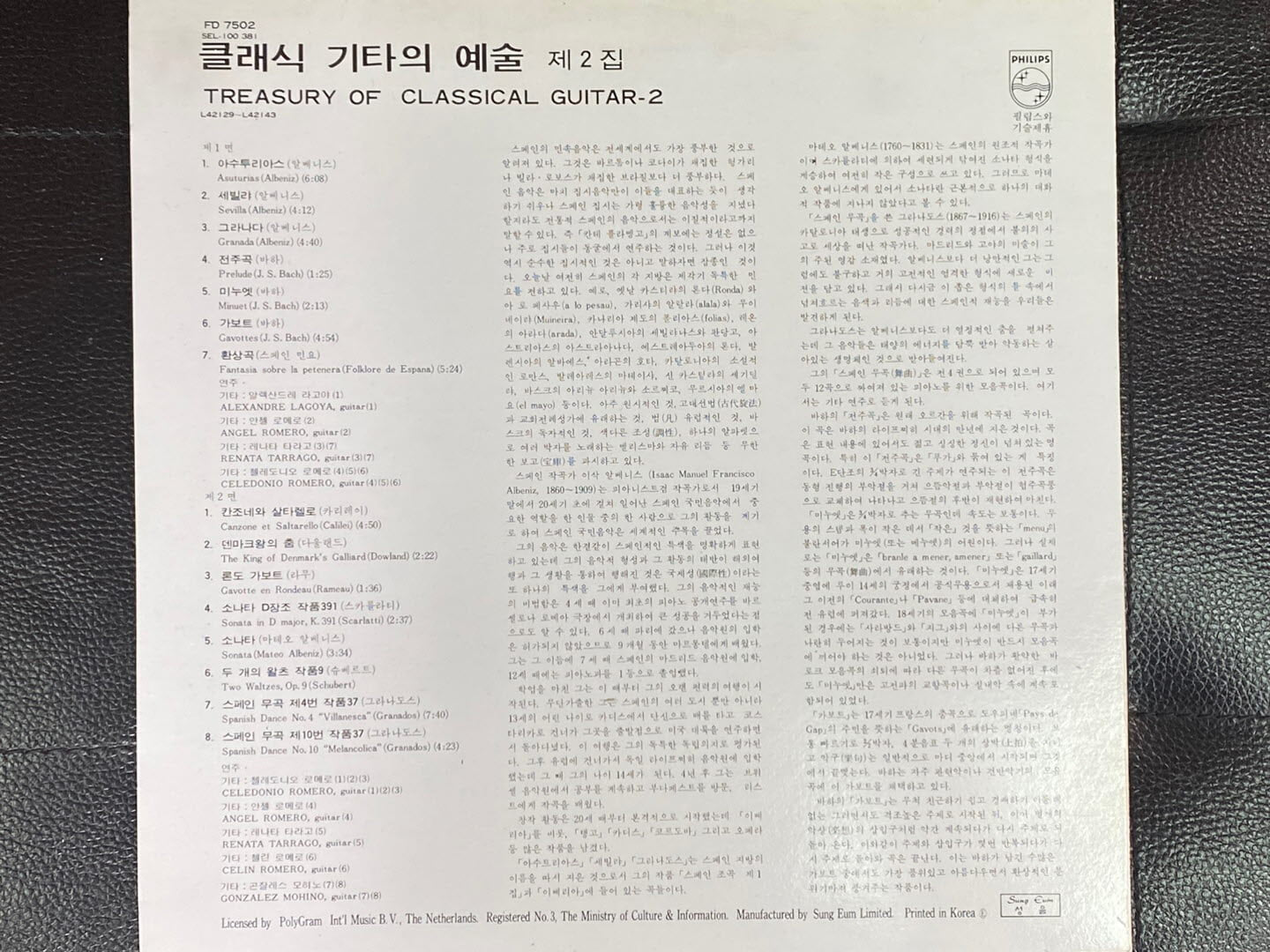 [LP] 클래식 키타의 예술 제2집 - Treasury Of Classical Guitar Vol.2 LP [성음-라이센스반]