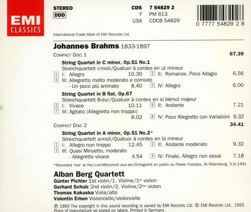 알반 베르크 콰르텟 - Alban Berg Quartett - Brahms Quatuors A Cordes Opp.51 & 67 2Cds [독일발매] 