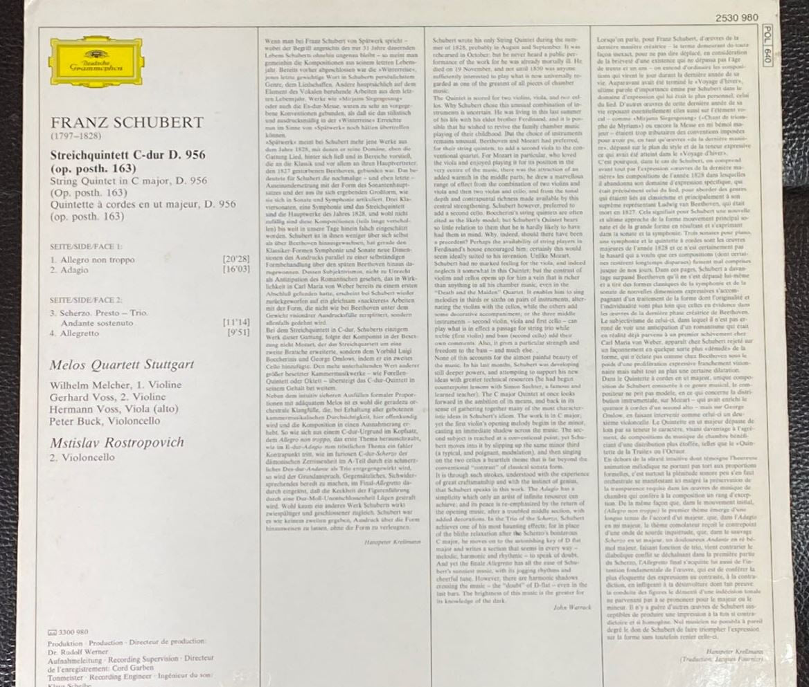 [LP] 멜로스 콰르텟,로스트로포비치 - Melos Quartett,Rostropovich - Schubert String Quintet LP [독일반]