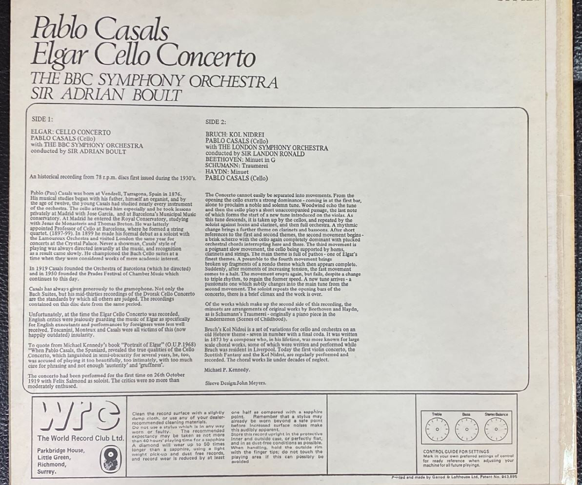 [LP] 파블로 카잘스 - Pablo Casals - Elgar Cello Concerto LP [U.K반]