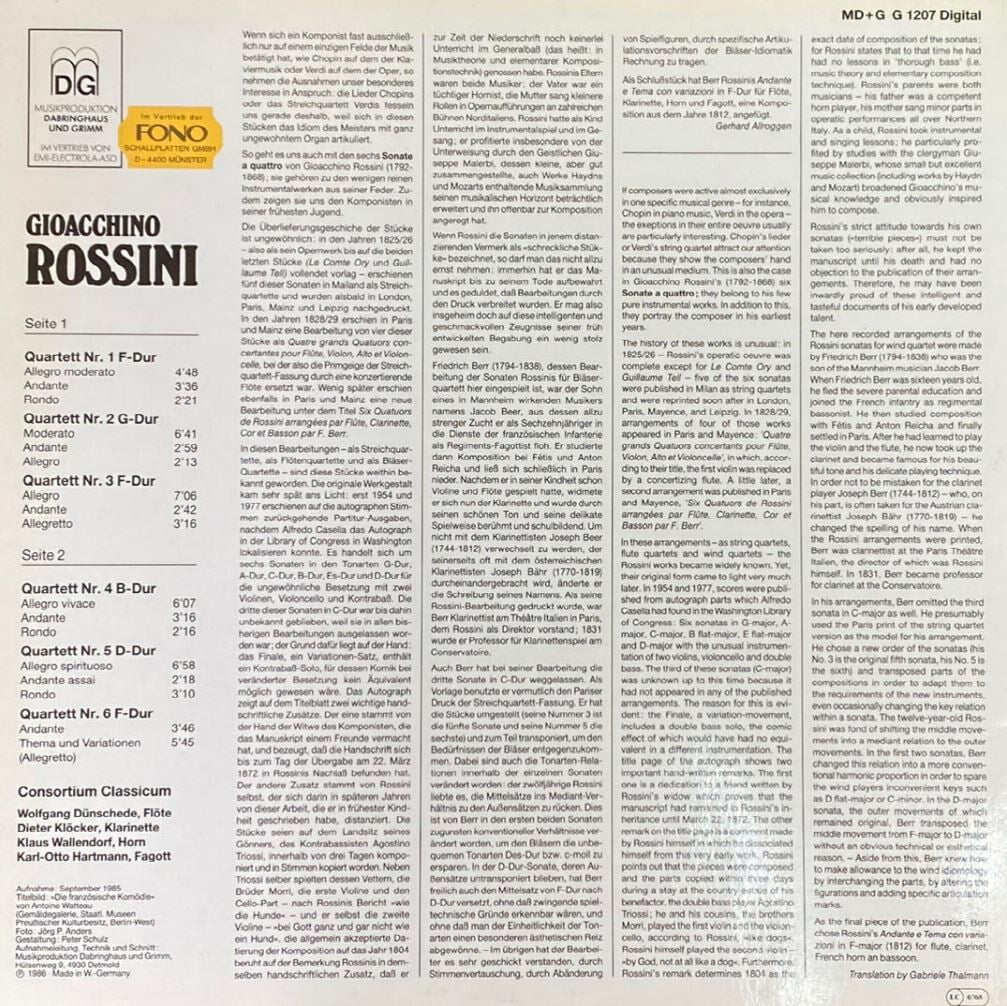 [LP] 콘소르티움 클라시쿰 - Consortium Classicum - Rossini Sechs Quartette Fur Flote LP [독일반]