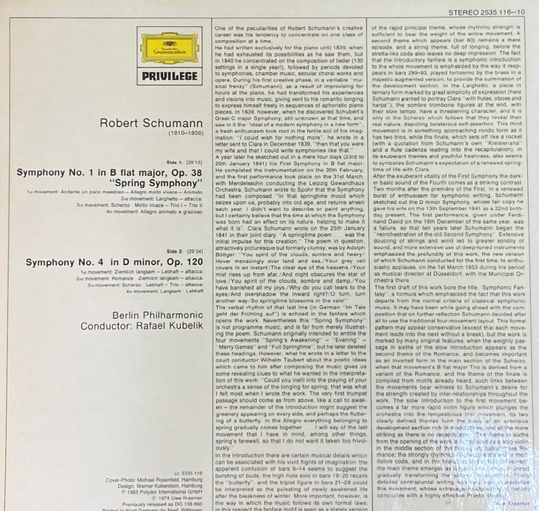 [LP] 라파엘 쿠벨릭 - Rafael Kubelik - Schumann Symphonie No.1,4  LP [독일반] 