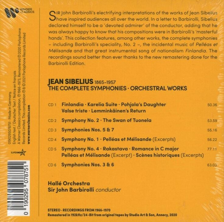 존 바비롤리 - John Barbirolli - Sibelius Symphonies Complete & Tone Poems 6Cds [박스] [미개봉] [독일발매]