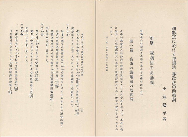 朝鮮語に於ける謙讓法 尊敬法の助動詞( 조선어에 있어서 겸양법 존경법의 조동사 ) - <초판> 1938년 출판 東洋文庫論叢第二十六 小倉進平 오구라 신페이 한국어 경어 문법