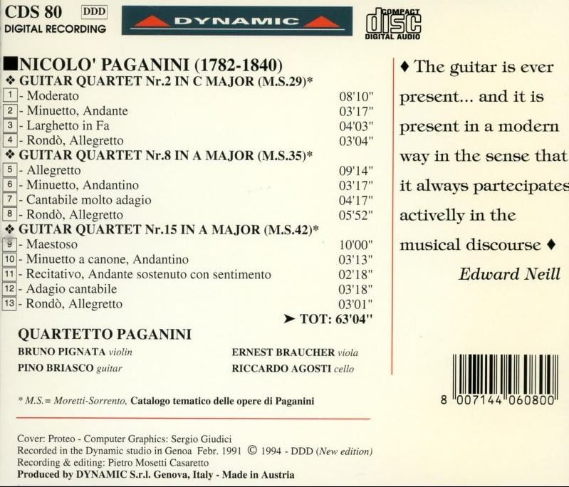 파가니니 콰르테토 - Quartetto Paganini - Paganini Quartets N. 2,8,15 For Violin, Viola, Guitar And Cello [오스트리아발매]