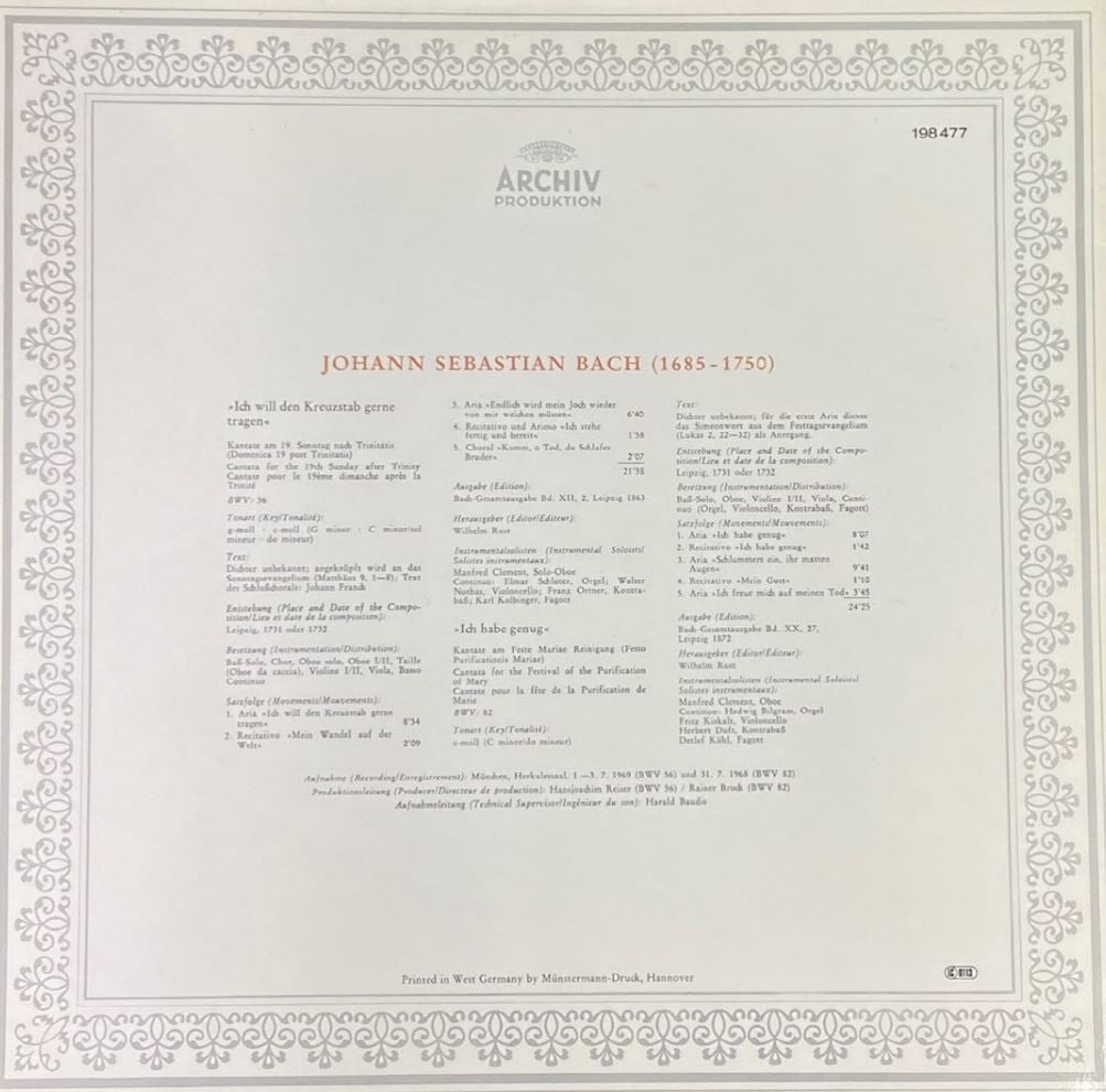 [LP] 디트리히 피셔 디스카우 - Dietrich Fischer-Dieskau - Bach Kantaten Cantatas BWV56 , BWV82 LP [독일반]