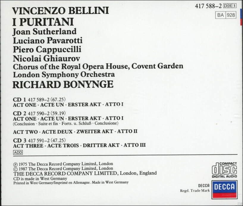 Bellini :청교도(I Puritani) - 보닝 (Richard Bonynge) ,파바로티 (Pavarotti) ,서덜랜드 (Joan Sutherland)(3CD)(독일발매)