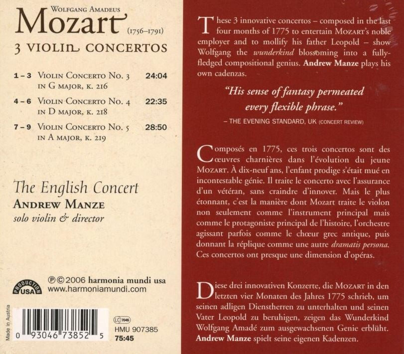 앤드류 맨지 - Andrew Manze - Mozart Three Violin Concertos CD [미개봉] [디지팩] [오스트리아발매]