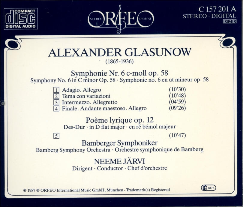 Glazunov  : Symphonie Nr. 6 - 야르비 (Neeme Jarvi) (Europe발매)