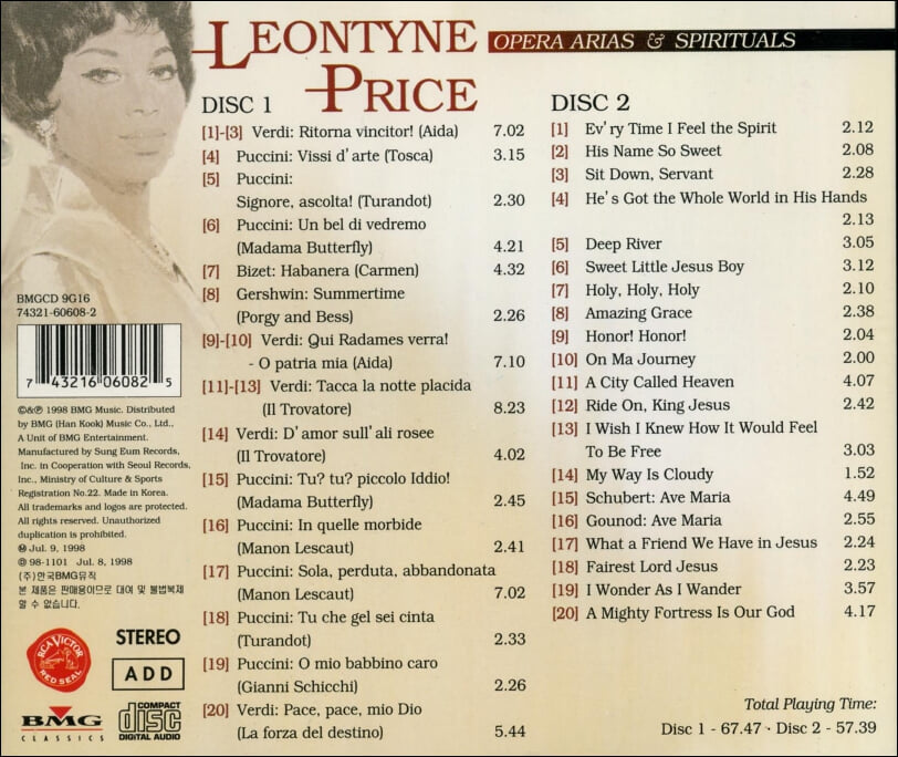 프라이스 (Leontyne Price) - 오페라 아리아와 흑인영가 (Opera Arias And Spirituals)(2CD)