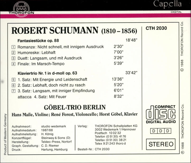 Schumann : Fantasiestucke /Klaviertrio 1 - Gobel-Trio Berlin(독일발매)