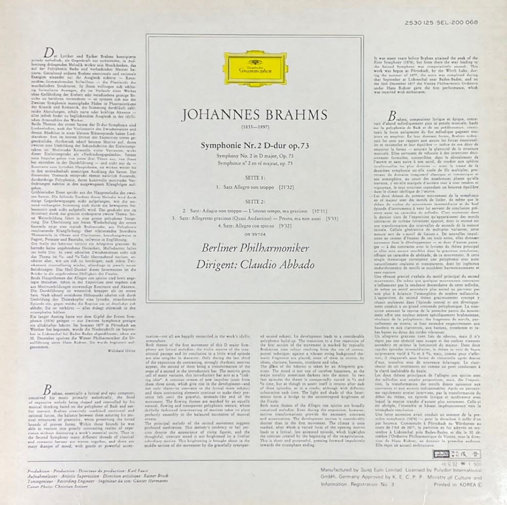 [LP] 클라우디오 아바도 - Claudio Abbado - Brahms Symphonie Nr.2 LP [성음-라이센스반]