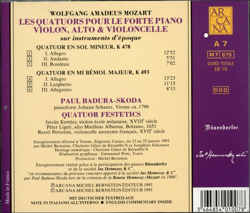 Mozart :Les Quatuors Pour Le Forte Piano, Violon, Alto & Violoncelle - 페스타티치 사중주단 (Quatuor Festetics)(France 발매)