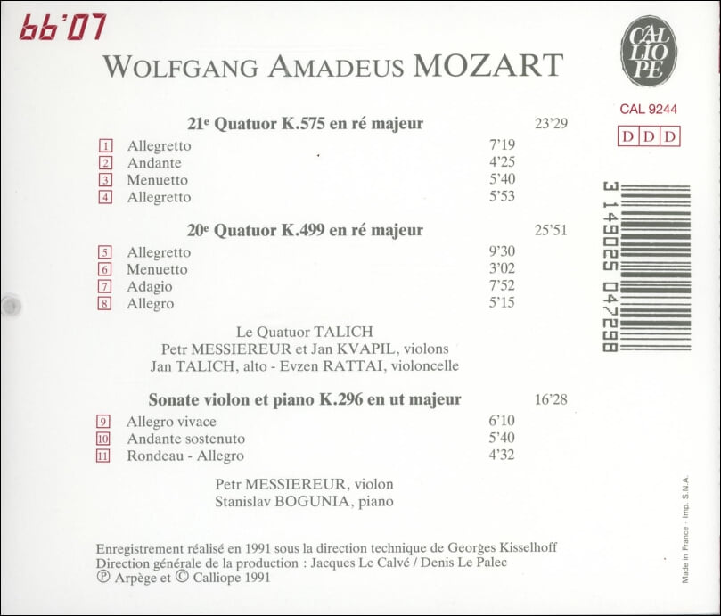 Mozart : Quatuors 20 Et 21/ String Quartets - K. 499-575 탈리히 사중주단 (Le Quartuor Talich)(France 발매)