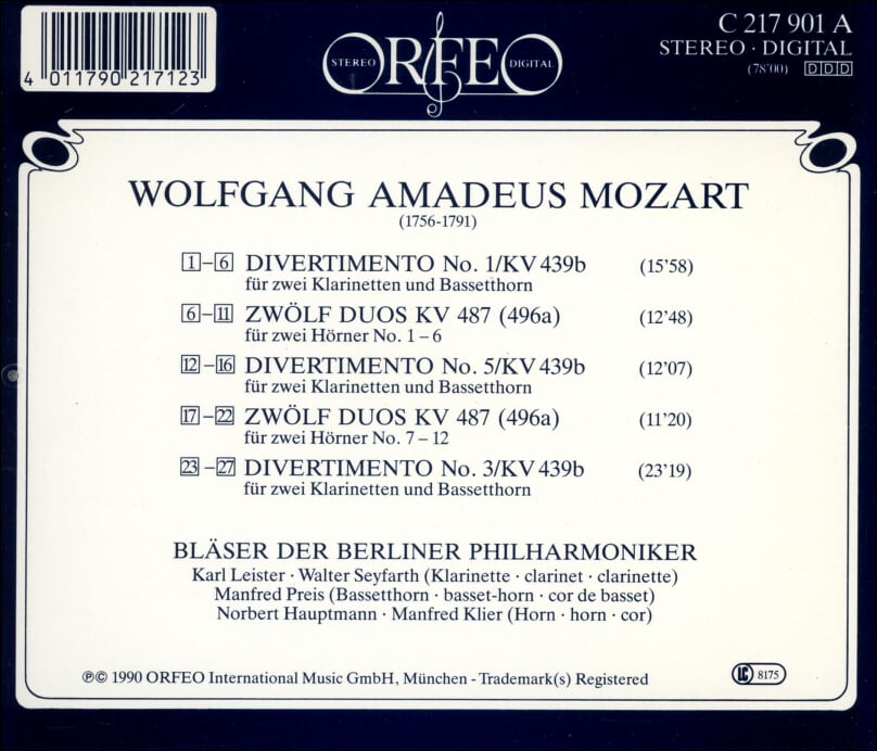 Mozart :디베르티멘티 (Divertimenti) KV.439b, No.1, 3. 5 / Duos, KV.487 - Blaser der Berliner Philharmoniker(독일발매)