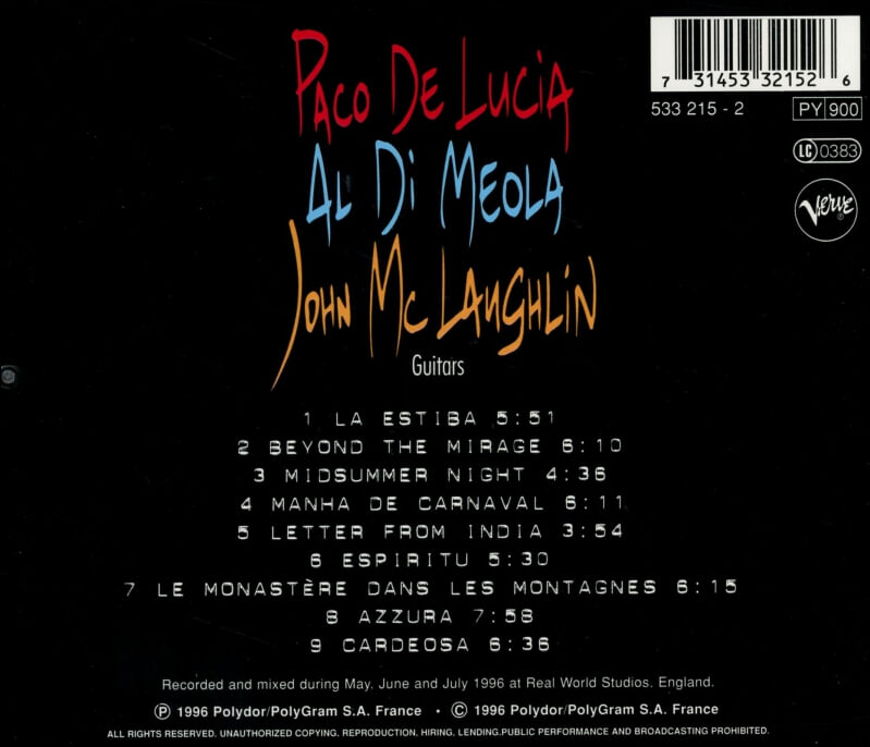 알 디 메올라 (Al Di Meola),파코 데 루치아 (Paco De Lucia),존 맥러플린 (John McLaughlin) - The Guitar Trio(EU발매)
