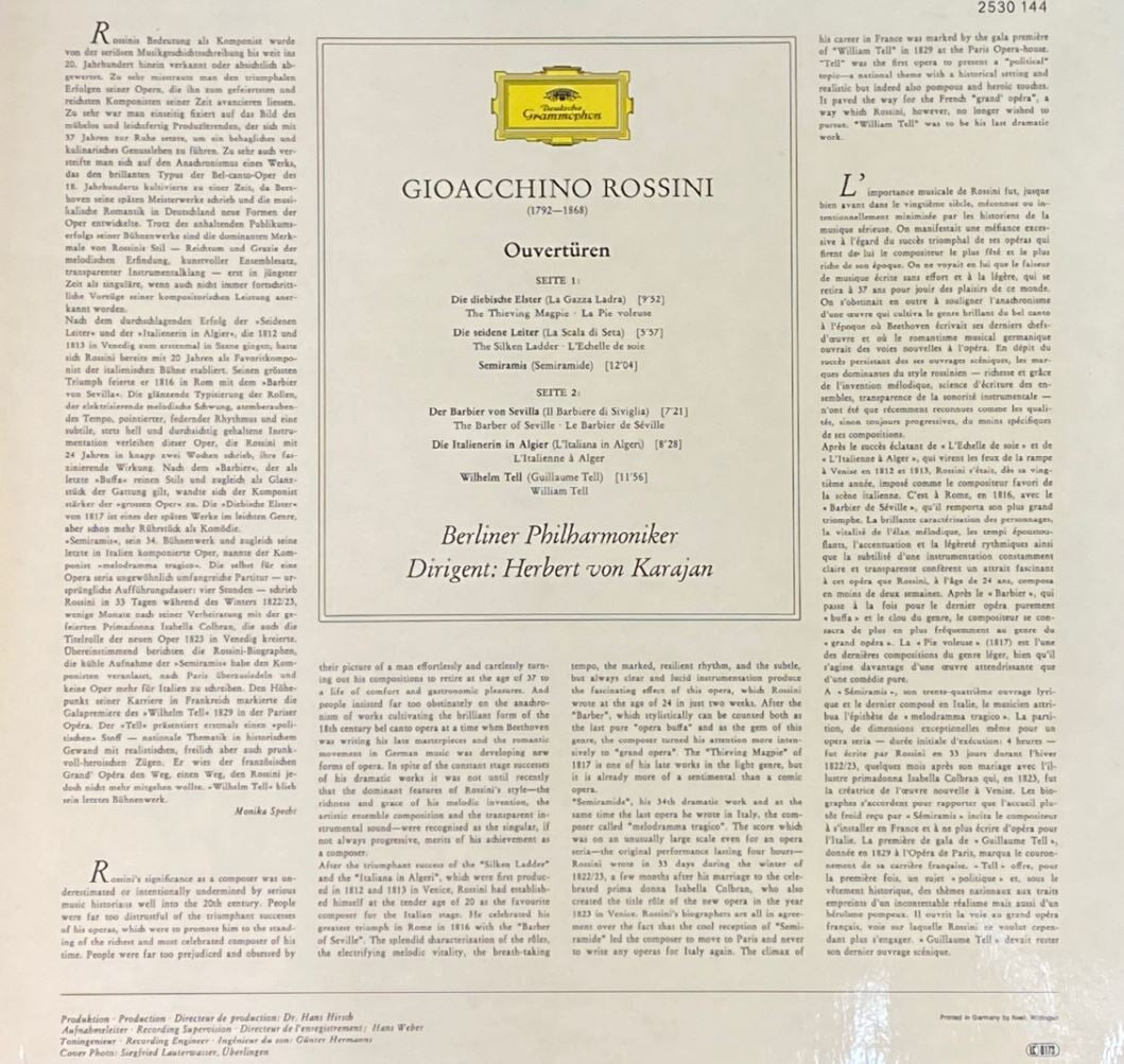 [LP] 카라얀 - Karajan - Rossini Ouverturen LP [독일반]