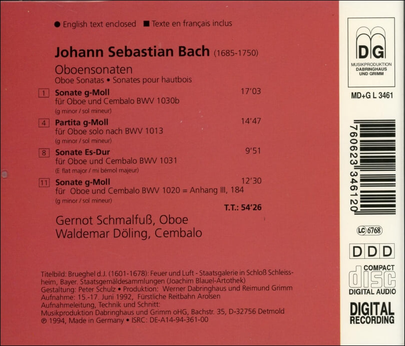 Bach : Oboensonaten - Gernot Schmalfuß , 발데마르 될링 (Doeling)(독일발매)