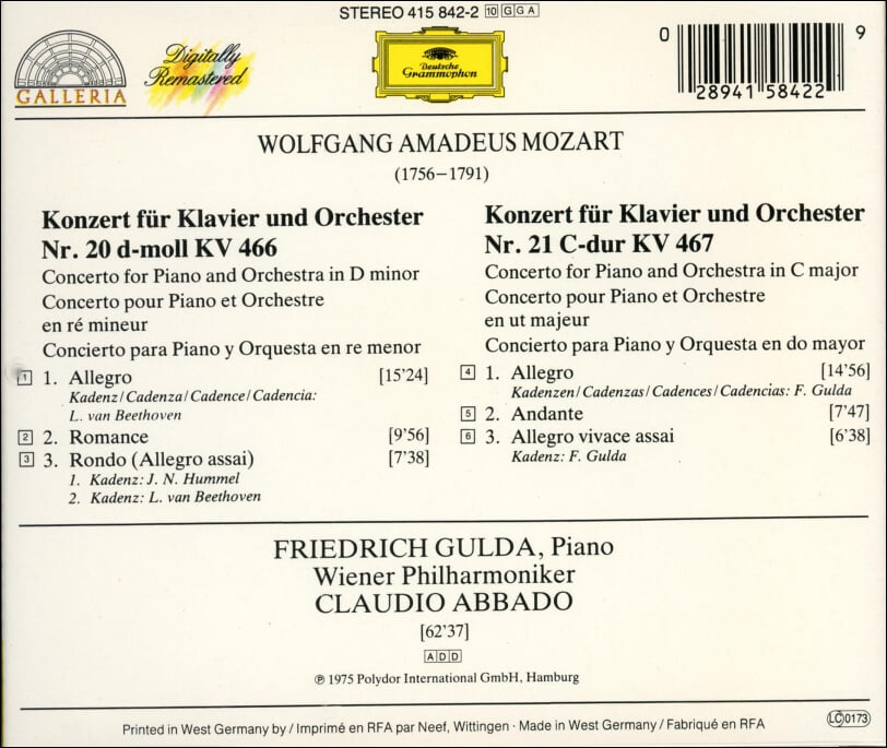 Mozart: Piano Concertos Nos. 20 & 21 - 클라우디오 아바도 (Claudio Abbado) (EU발매)