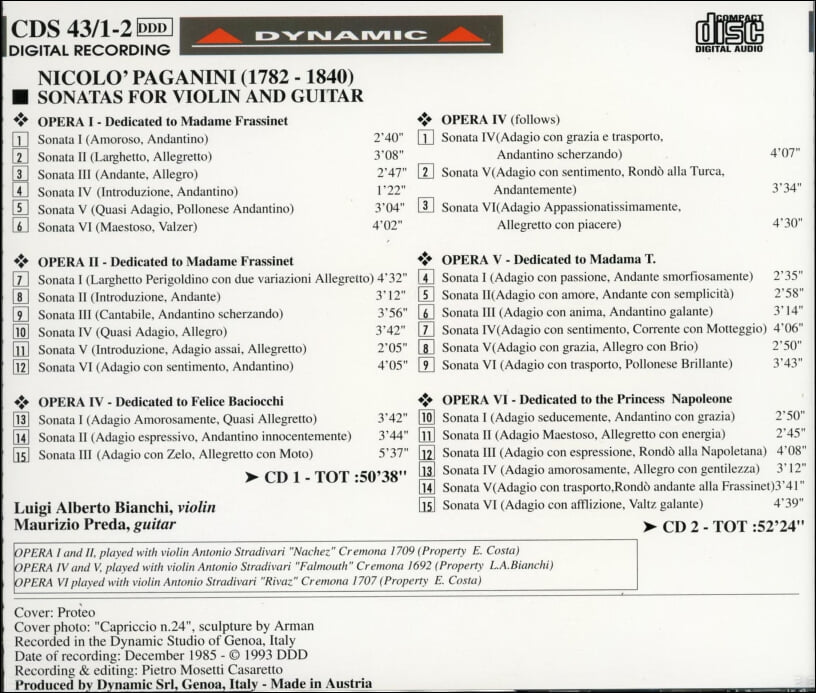 Paganini : 30 Sonatas For Violin And Guitar - 비안키 (Luigi Alberto Bianchi) (2CD)(Austria발매)