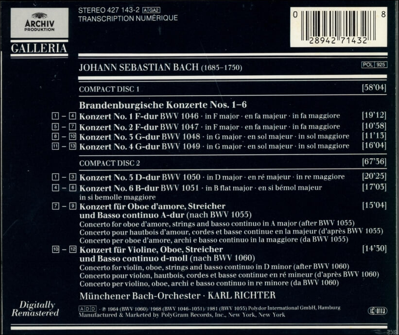 Bach: Brandenburg Concertos Concertos BWV 1055 & 1060 -  칼 리히터 (Karl Richter)(US발매)(2CD)