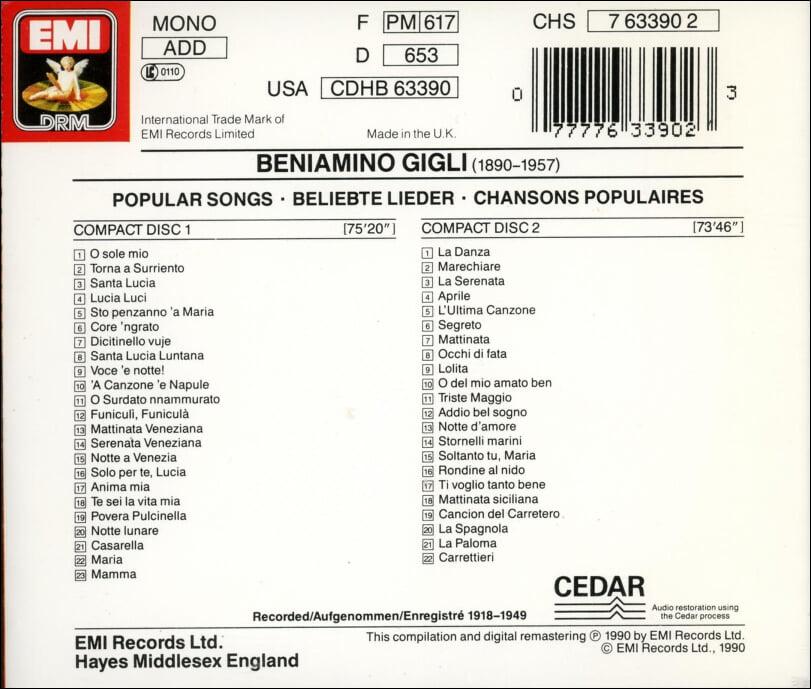 'O Sole Mio (오 솔레 미오) Popular Songs  - 질리 (Beniamino Gigli)(UK발매)(2CD)